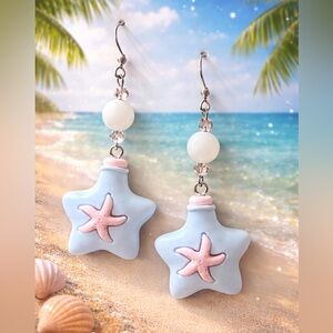 Pastel Starfish Drop Earrings - Light Blue & Pink Beachy Jewelry